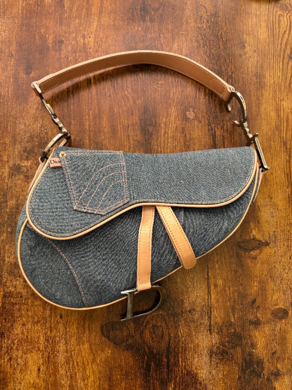 Christian Dior Denim Saddle Bag Y2K with Pink Leather Trimming